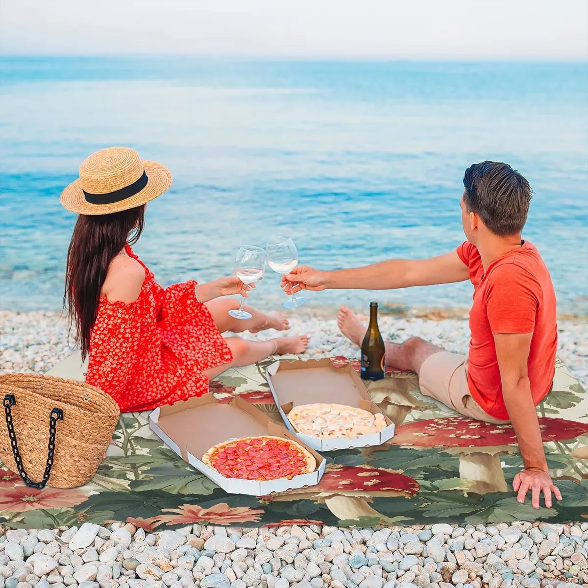 Tropical Mushroom Beach Blanket, Sandproof Beach Mat, 68 x 59 Waterproof Quick Drying Sand Free Mat with 4 x Ground Spikes for Outdoor Travel Camping Hiking, Autumn Mushrooms
