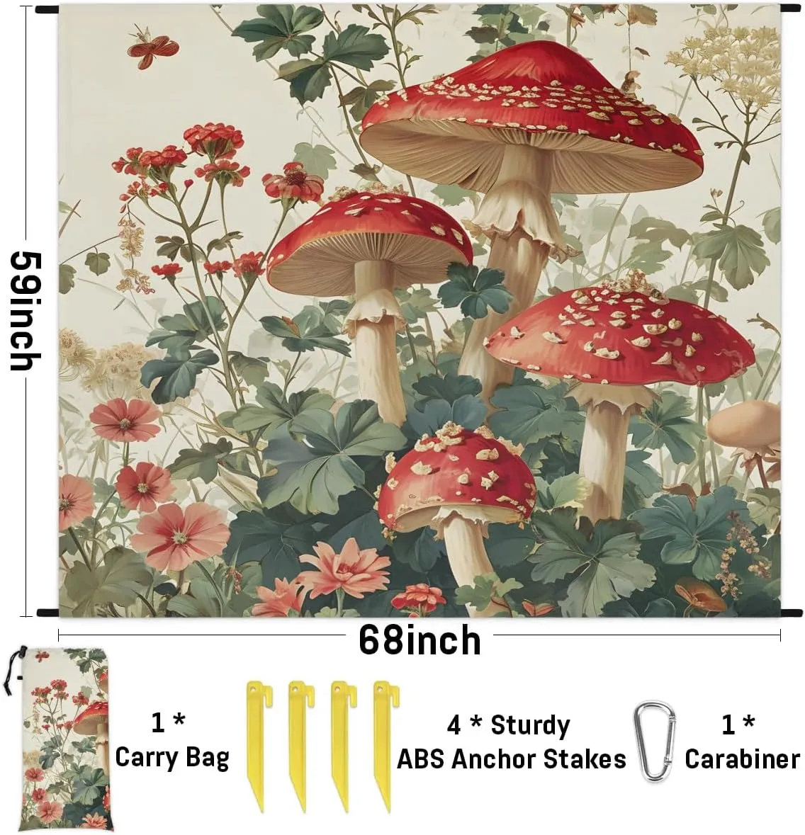 Tropical Mushroom Beach Blanket, Sandproof Beach Mat, 68 x 59 Waterproof Quick Drying Sand Free Mat with 4 x Ground Spikes for Outdoor Travel Camping Hiking, Autumn Mushrooms