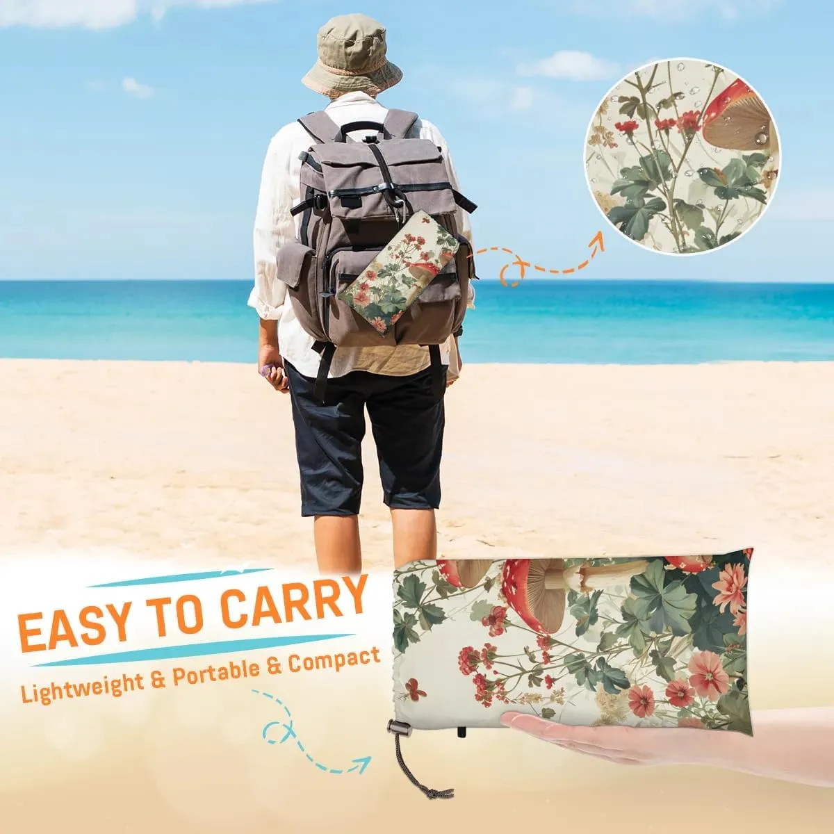 Tropical Mushroom Beach Blanket, Sandproof Beach Mat, 68 x 59 Waterproof Quick Drying Sand Free Mat with 4 x Ground Spikes for Outdoor Travel Camping Hiking, Autumn Mushrooms