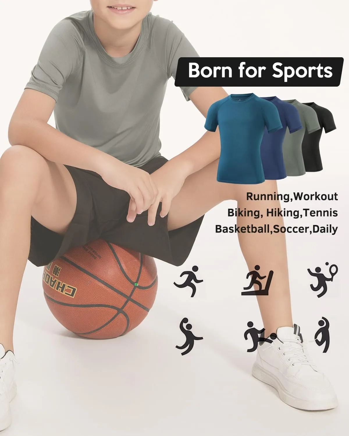 Ullnoy 4 Pack Boys Athletic Compression Shirts Short Sleeve Dry Fit T Shirts for Kids Moisture Wicking Athletic Tees