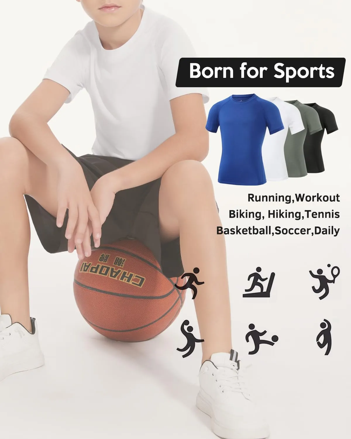 Ullnoy 4 Pack Boys Athletic Compression Shirts Short Sleeve Dry Fit T Shirts for Kids Moisture Wicking Athletic Tees
