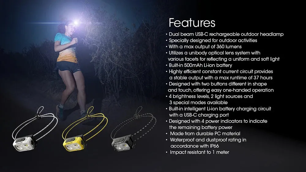 Ultra Lightweight Dual Beam Headlamp 360 Lumens, USB-C Rechargeable, White & Red Light