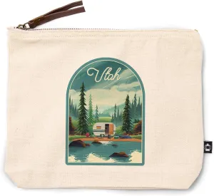 Utah, Outdoor Activity, at Home Anywhere, Camper in Evergreens, 100% Cotton Zipper Pouch, Travel Accessory, Go Bag