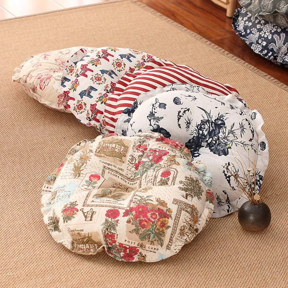 vctops Boho Soft Round Floor Pillow Cushion with Ruffles, Cotton Linen Print Chair Pad Tatami for Meditation, Yoga, Living Room, Balcony (Beige,18"x18"x5")