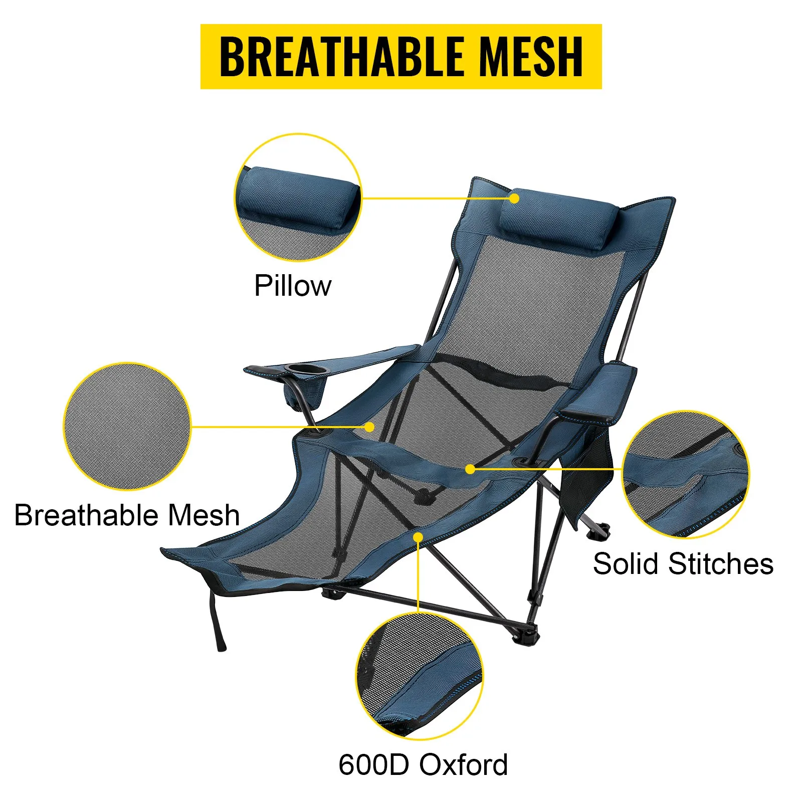 VEVOR Folding Camp Chair with Footrest Mesh, Portable Lounge Chair - Blue