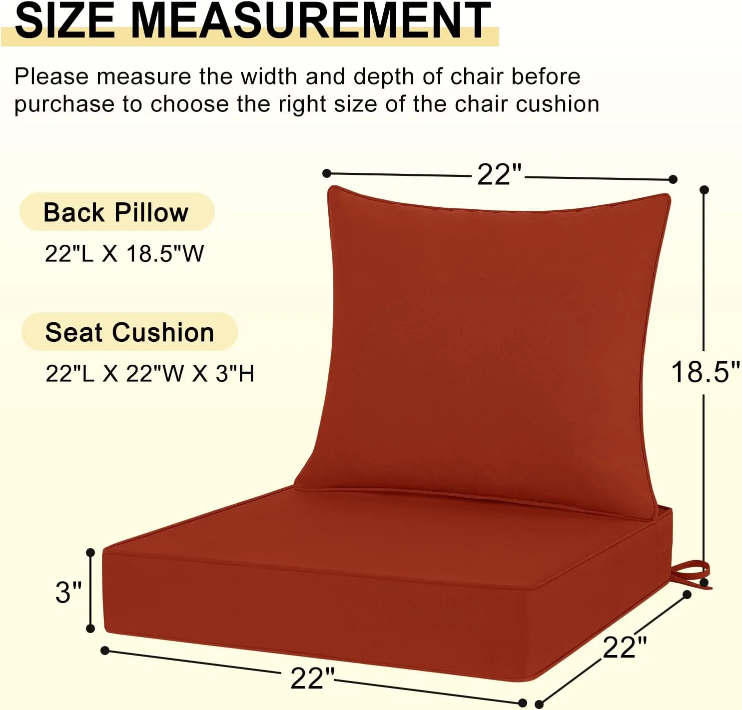 Waterproof Outdoor Chair Cushions 22x22, Outdoor Cushions for Patio Furniture with Removable Cover, Outdoor Deep Seat Patio Cushion Set with Backrest for Sofa, Couch and Patio Chairs, Brick Red