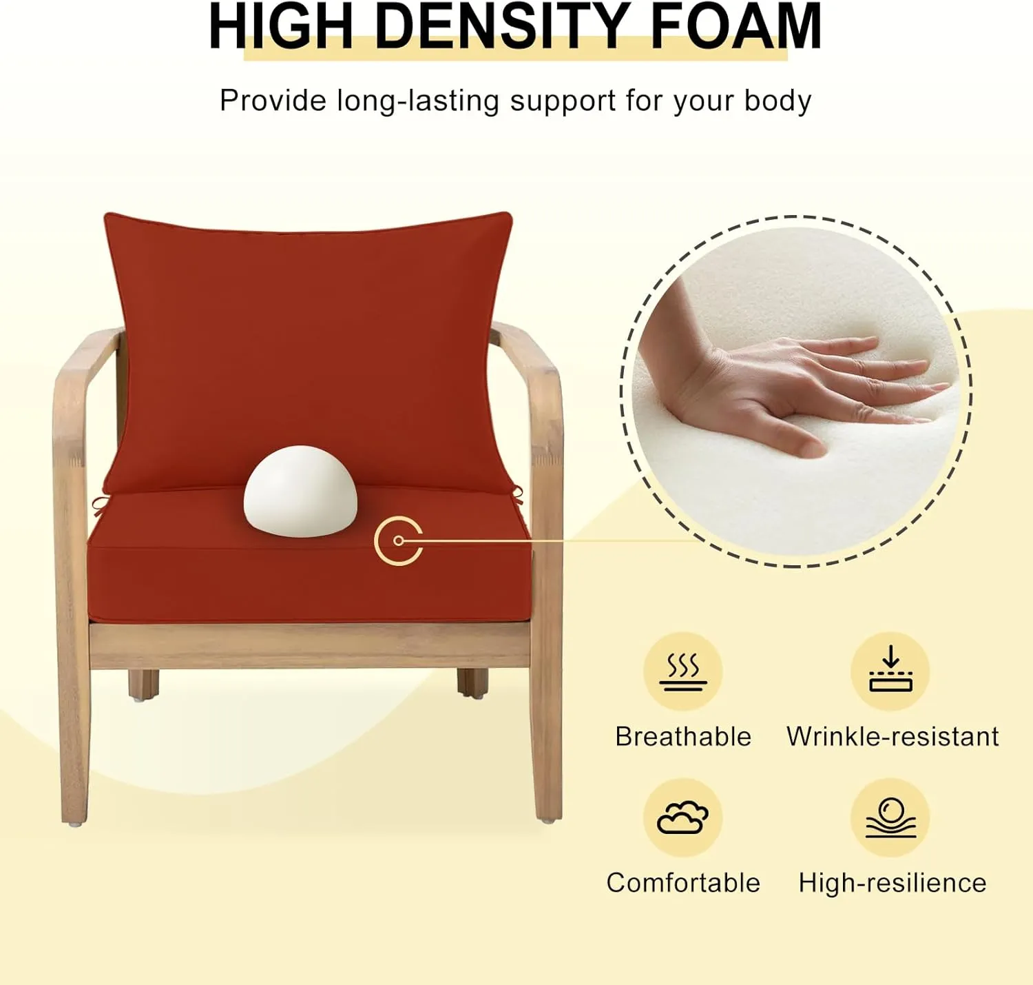 Waterproof Outdoor Chair Cushions 22x22, Outdoor Cushions for Patio Furniture with Removable Cover, Outdoor Deep Seat Patio Cushion Set with Backrest for Sofa, Couch and Patio Chairs, Brick Red