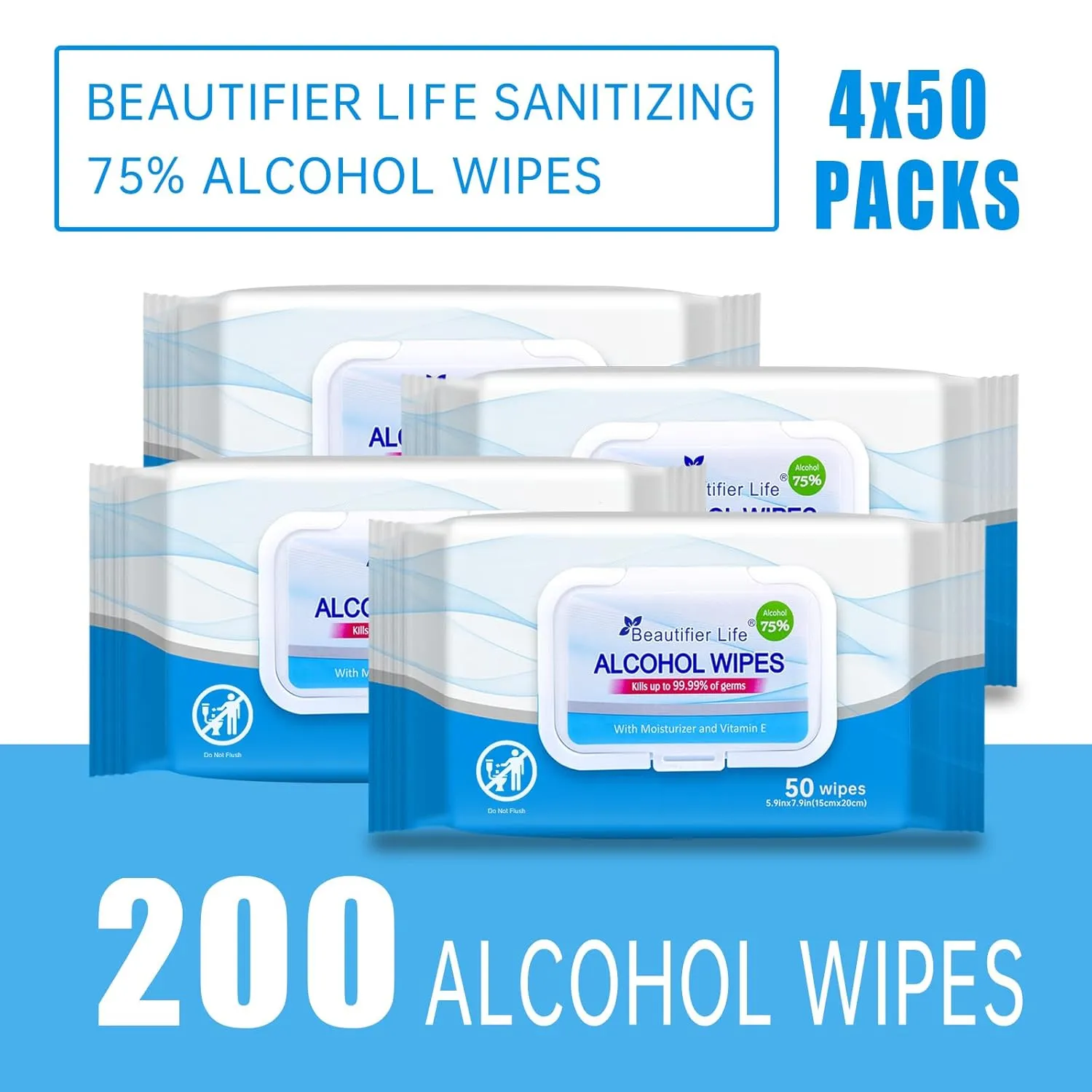 Wet Wipes - Hand Sanitizer Wipes with Aloe and Vitamin E for Men, Women, & Kids - Eliminates 99.99% of Microbes (4 Pack x 50 Wipes)