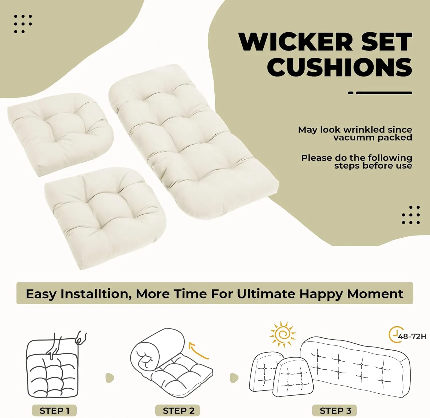 Wicker Chair Cushions, Waterproof Outdoor Loveseat Cushions for Patio Furniture, 3 Pieces Wicker Furniture Cushions, 1 Loveseat and 2 U-Shaped Cushions, Cream