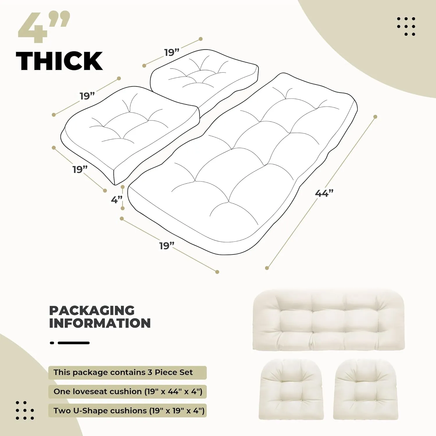 Wicker Chair Cushions, Waterproof Outdoor Loveseat Cushions for Patio Furniture, 3 Pieces Wicker Furniture Cushions, 1 Loveseat and 2 U-Shaped Cushions, Cream