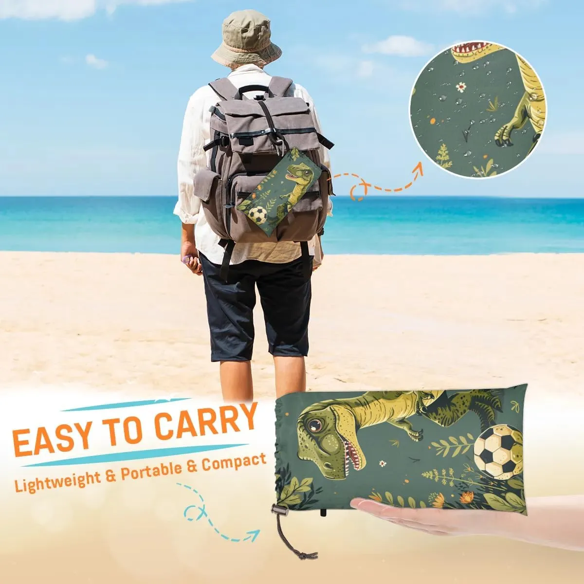 Wild Dinosaurs Beach Blanket, Sandproof Beach Mat, 68 x 59 Waterproof Quick Drying Sand Free Mat with 4 x Ground Spikes for Outdoor Travel Camping Hiking, Palm Leaves