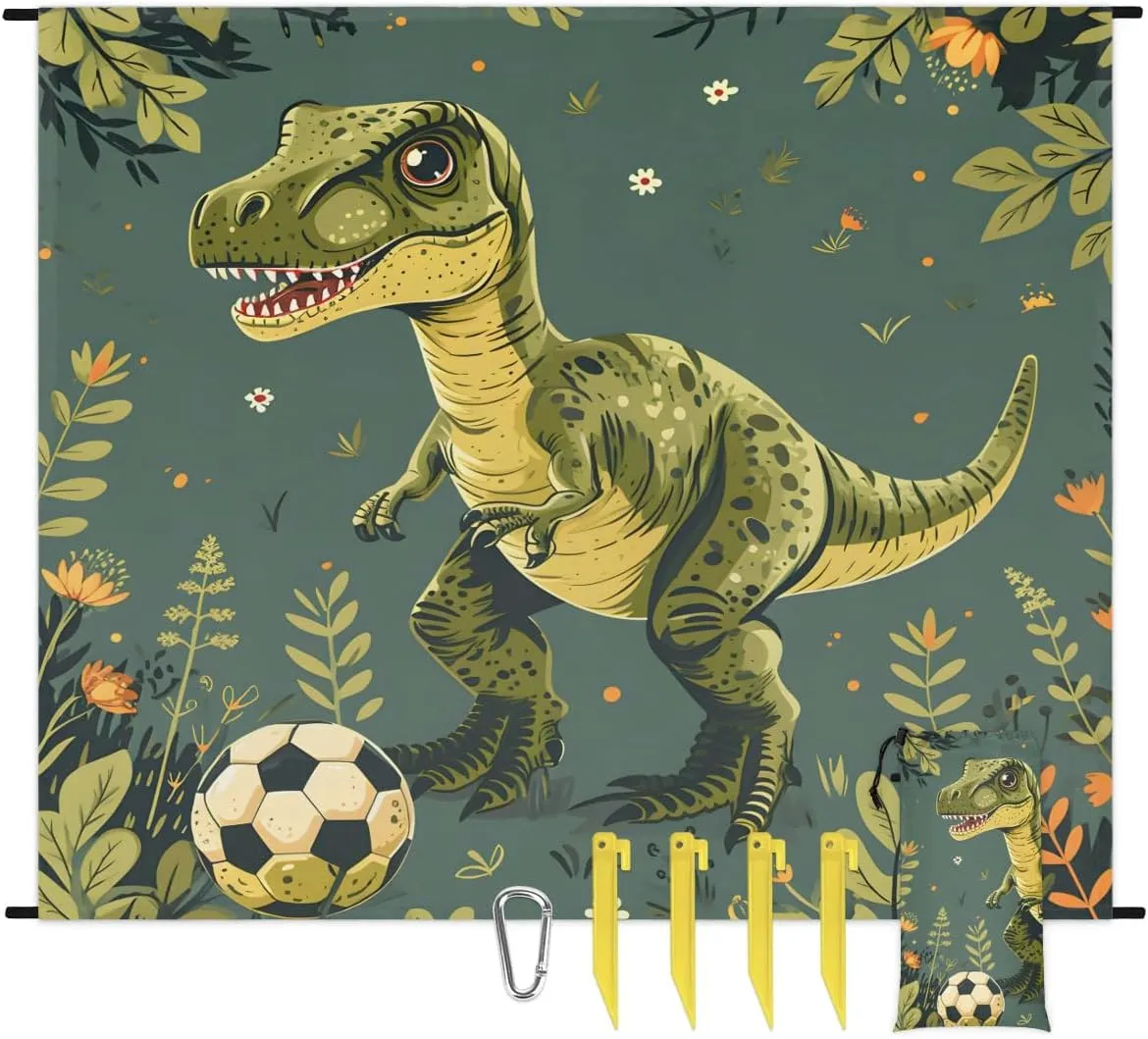 Wild Dinosaurs Beach Blanket, Sandproof Beach Mat, 68 x 59 Waterproof Quick Drying Sand Free Mat with 4 x Ground Spikes for Outdoor Travel Camping Hiking, Palm Leaves