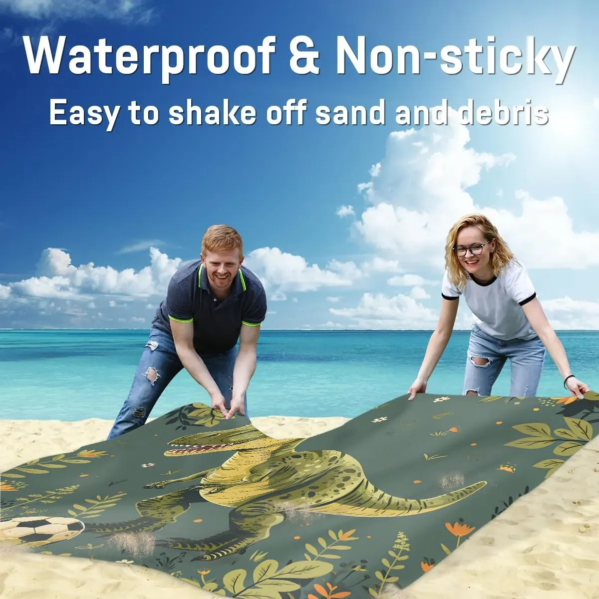 Wild Dinosaurs Beach Blanket, Sandproof Beach Mat, 68 x 59 Waterproof Quick Drying Sand Free Mat with 4 x Ground Spikes for Outdoor Travel Camping Hiking, Palm Leaves