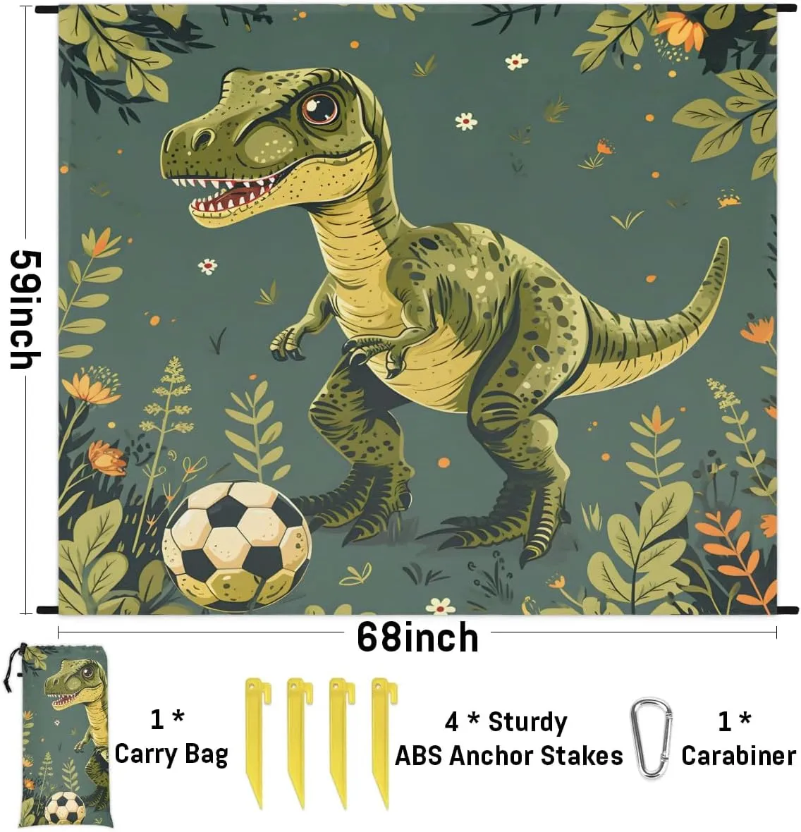 Wild Dinosaurs Beach Blanket, Sandproof Beach Mat, 68 x 59 Waterproof Quick Drying Sand Free Mat with 4 x Ground Spikes for Outdoor Travel Camping Hiking, Palm Leaves