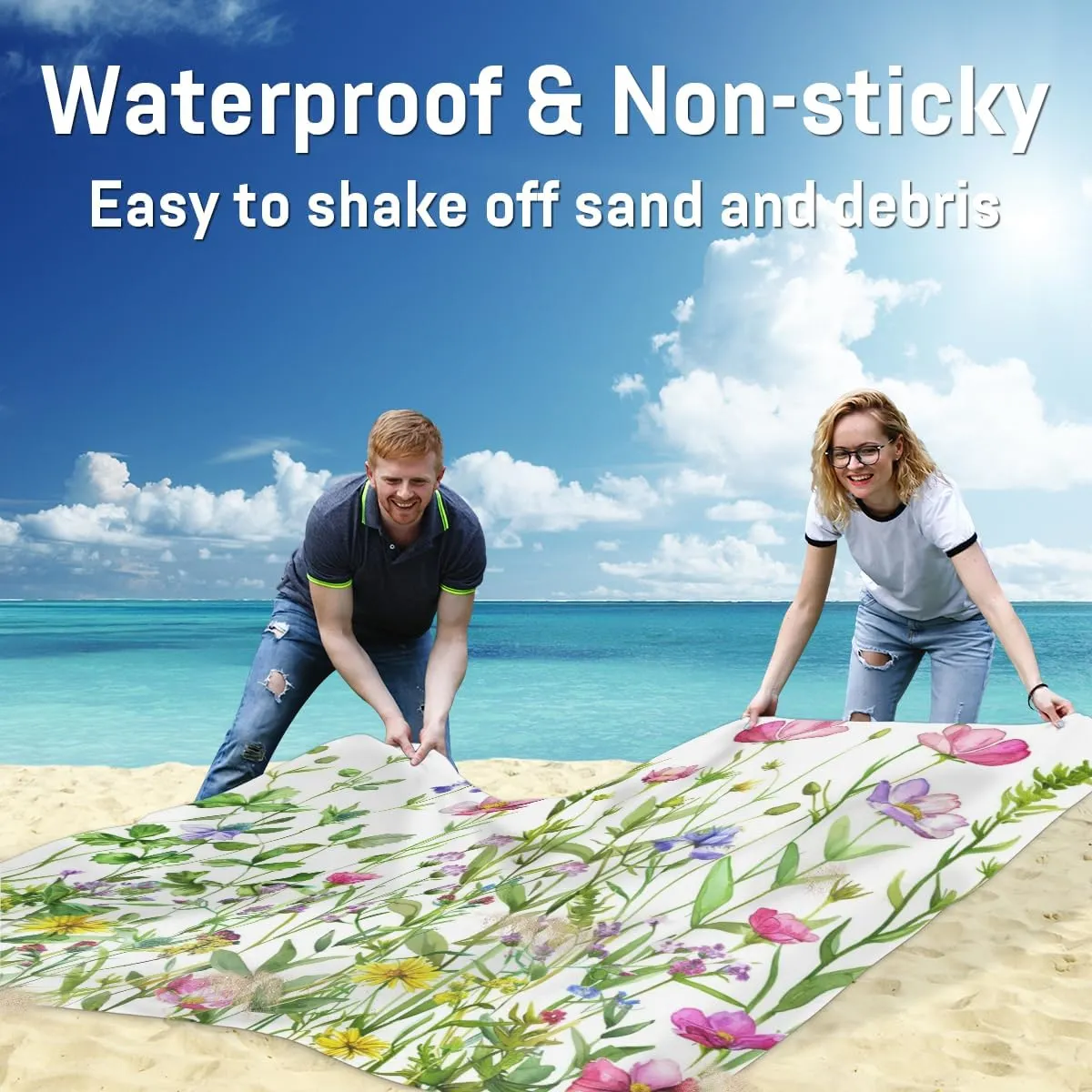 Wildflower Beach Blanket, Sandproof Beach Mat, Adults Waterproof Quick Drying Sand Free Mat with 4 x Ground Spikes for Outdoor Travel Camping Hiking, Floral Flower Plant