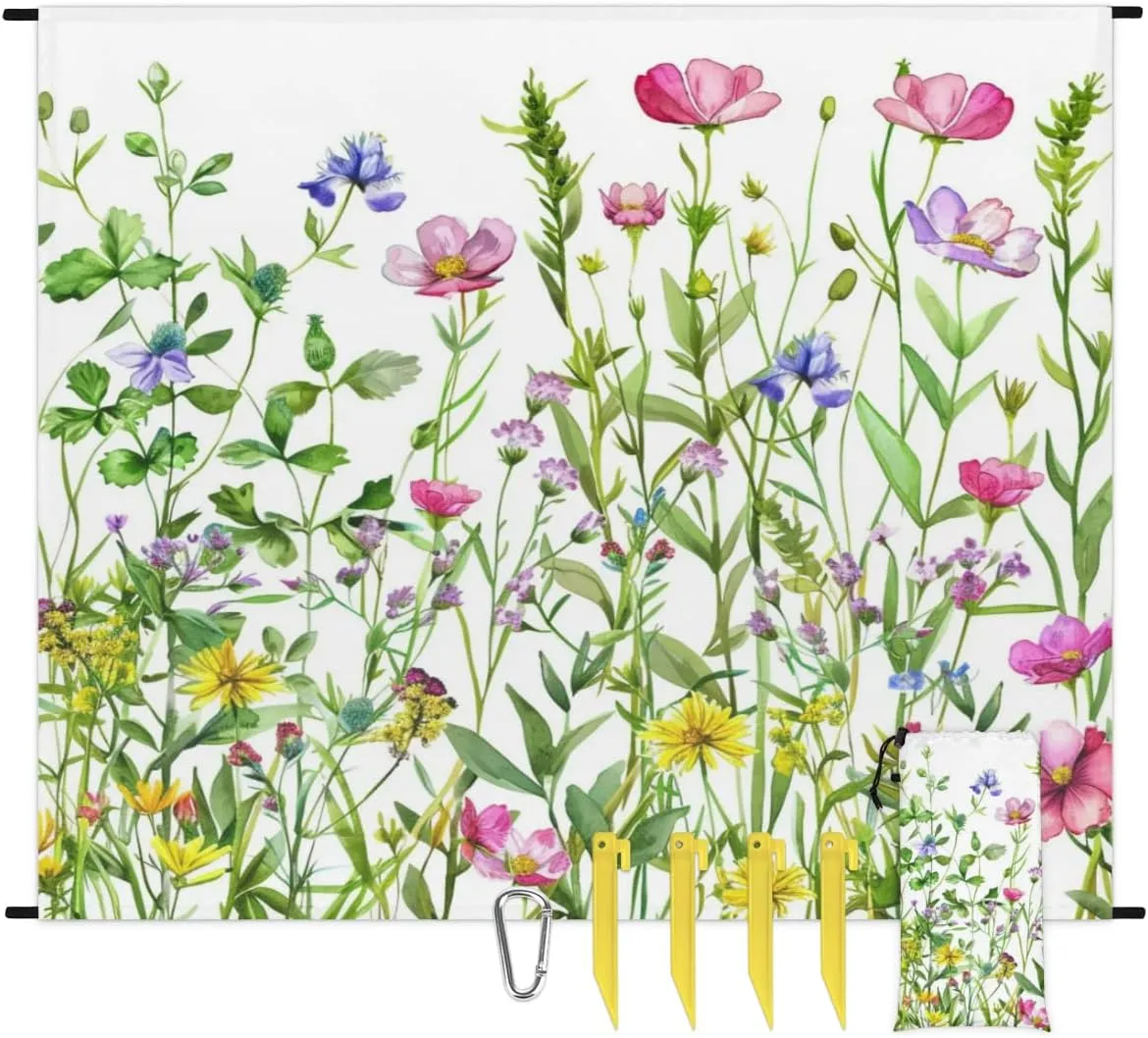 Wildflower Beach Blanket, Sandproof Beach Mat, Adults Waterproof Quick Drying Sand Free Mat with 4 x Ground Spikes for Outdoor Travel Camping Hiking, Floral Flower Plant