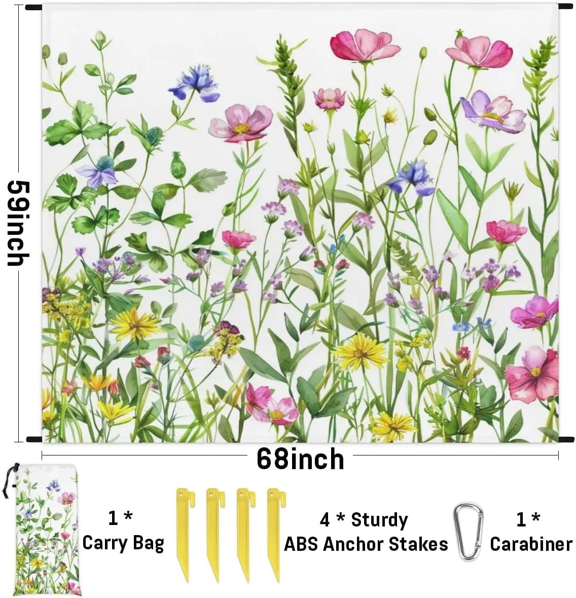 Wildflower Beach Blanket, Sandproof Beach Mat, Adults Waterproof Quick Drying Sand Free Mat with 4 x Ground Spikes for Outdoor Travel Camping Hiking, Floral Flower Plant