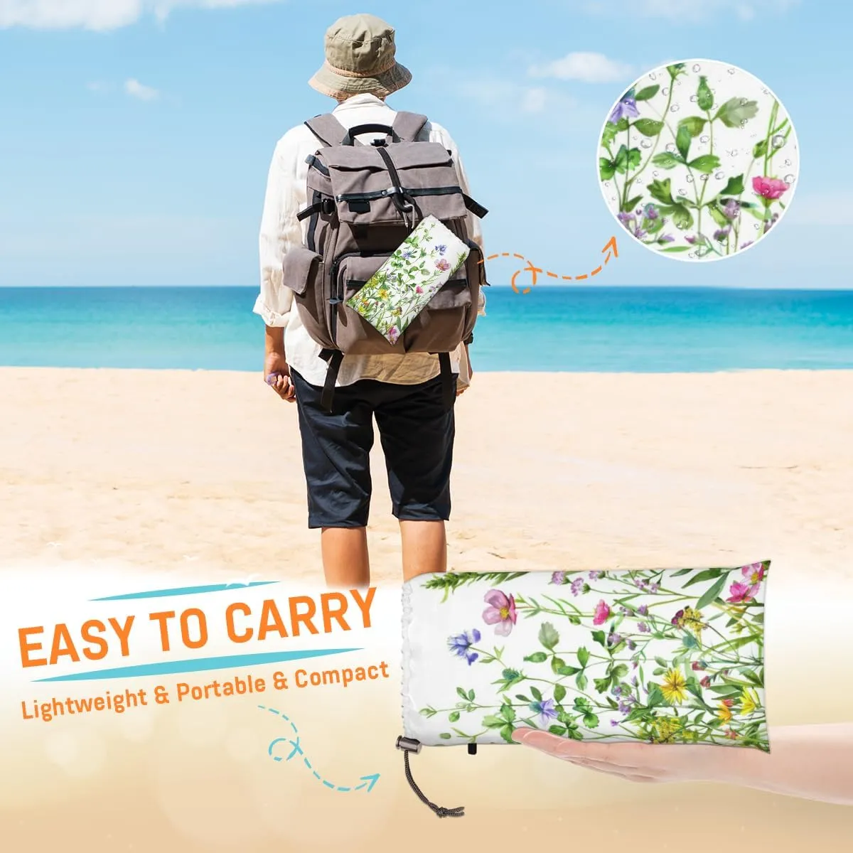 Wildflower Beach Blanket, Sandproof Beach Mat, Adults Waterproof Quick Drying Sand Free Mat with 4 x Ground Spikes for Outdoor Travel Camping Hiking, Floral Flower Plant
