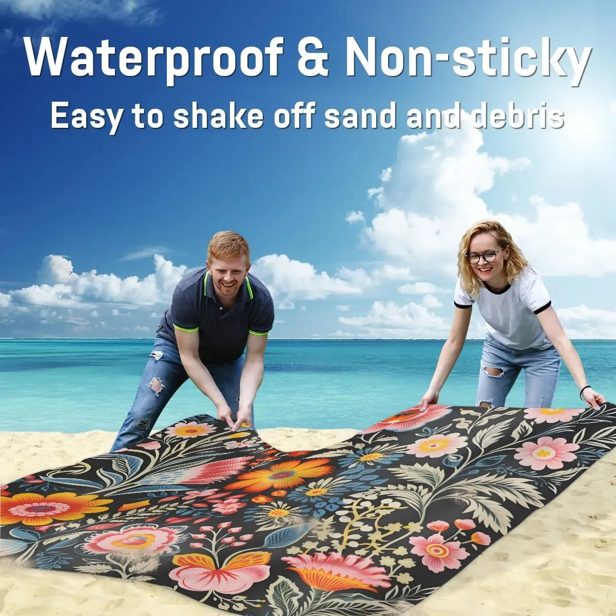 Wildflowers Floral Spring Beach Blanket, Sandproof Beach Mat, 68 x 59 Waterproof Quick Drying Sand Free Mat with 4 x Ground Spikes for Outdoor Travel Camping Hiking, Colorful Flowers