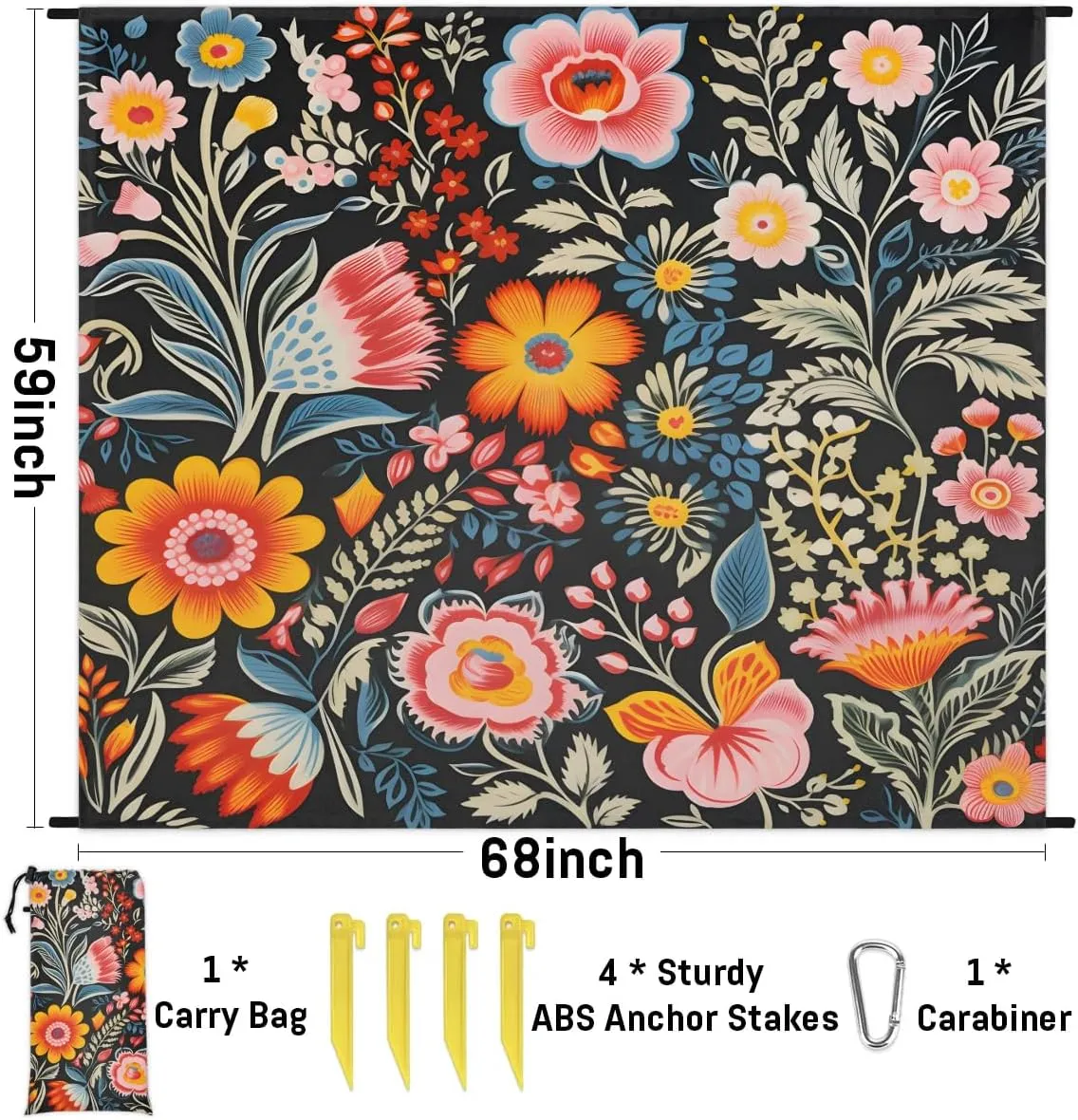 Wildflowers Floral Spring Beach Blanket, Sandproof Beach Mat, 68 x 59 Waterproof Quick Drying Sand Free Mat with 4 x Ground Spikes for Outdoor Travel Camping Hiking, Colorful Flowers