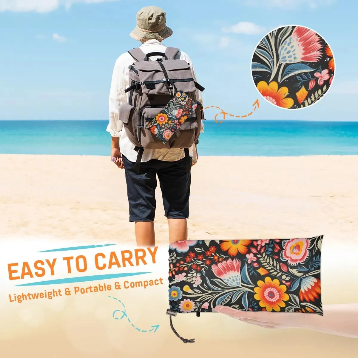 Wildflowers Floral Spring Beach Blanket, Sandproof Beach Mat, 68 x 59 Waterproof Quick Drying Sand Free Mat with 4 x Ground Spikes for Outdoor Travel Camping Hiking, Colorful Flowers
