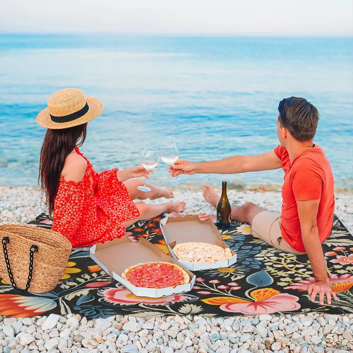 Wildflowers Floral Spring Beach Blanket, Sandproof Beach Mat, 68 x 59 Waterproof Quick Drying Sand Free Mat with 4 x Ground Spikes for Outdoor Travel Camping Hiking, Colorful Flowers