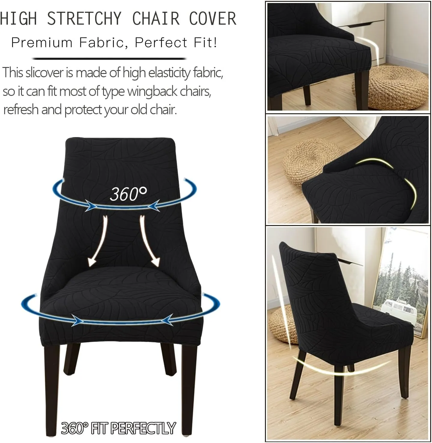 Wingback Side Chair Cover Stretch Dining Chair Covers Slipcovers Reusable Sloping Arm Chair Protector Cover Washable Upholstered Arm Dining Chair Cover for Dining Room Banquet Home Decor(A-black,6PCS)