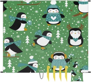 Winter Penguin Tree Beach Blanket, Sandproof Beach Mat, 68 x 59 Waterproof Quick Drying Sand Free Mat with 4 x Ground Spikes for Outdoor Travel Camping Hiking, Cute Penguin