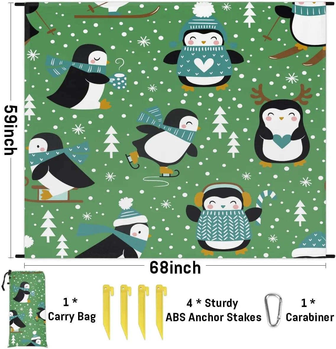 Winter Penguin Tree Beach Blanket, Sandproof Beach Mat, 68 x 59 Waterproof Quick Drying Sand Free Mat with 4 x Ground Spikes for Outdoor Travel Camping Hiking, Cute Penguin