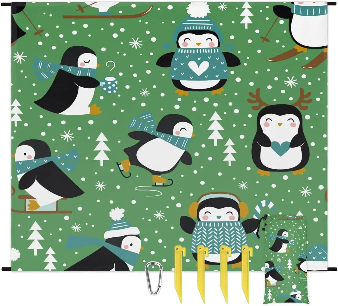 Winter Penguin Tree Beach Blanket, Sandproof Beach Mat, 68 x 59 Waterproof Quick Drying Sand Free Mat with 4 x Ground Spikes for Outdoor Travel Camping Hiking, Cute Penguin
