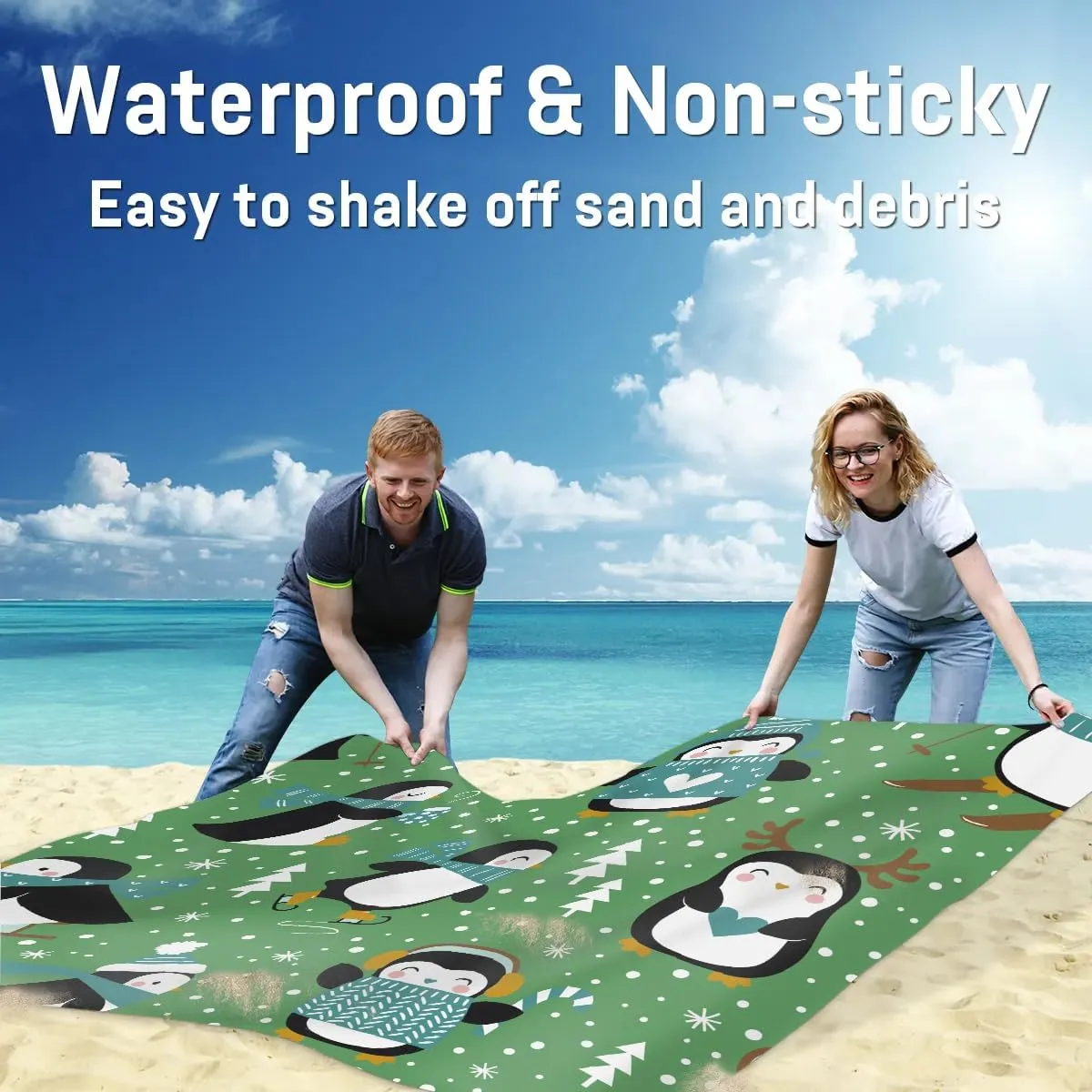 Winter Penguin Tree Beach Blanket, Sandproof Beach Mat, 68 x 59 Waterproof Quick Drying Sand Free Mat with 4 x Ground Spikes for Outdoor Travel Camping Hiking, Cute Penguin