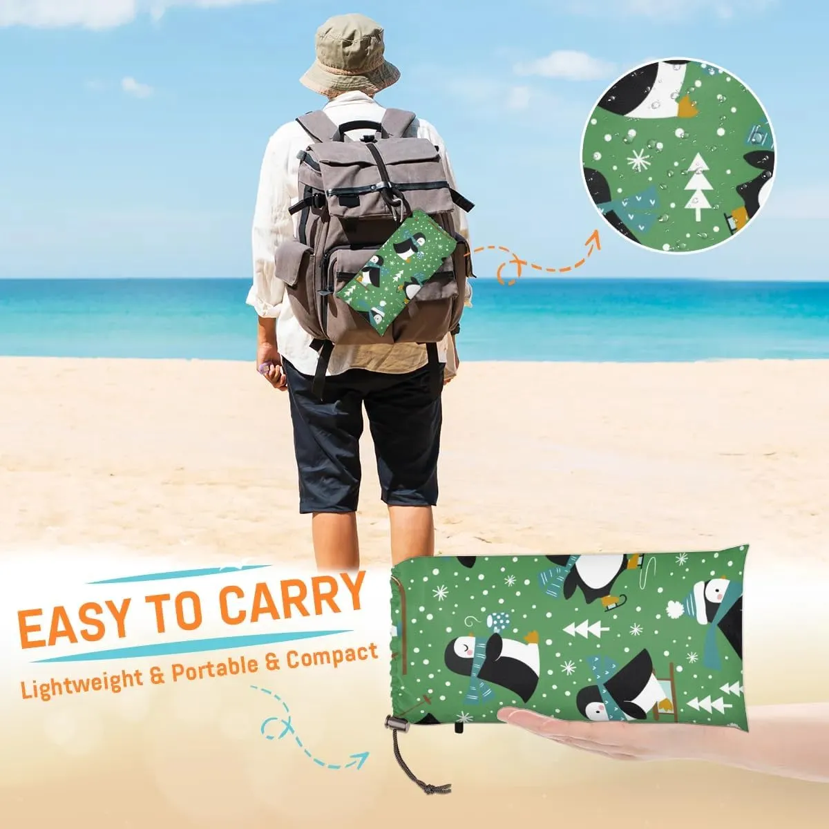 Winter Penguin Tree Beach Blanket, Sandproof Beach Mat, 68 x 59 Waterproof Quick Drying Sand Free Mat with 4 x Ground Spikes for Outdoor Travel Camping Hiking, Cute Penguin