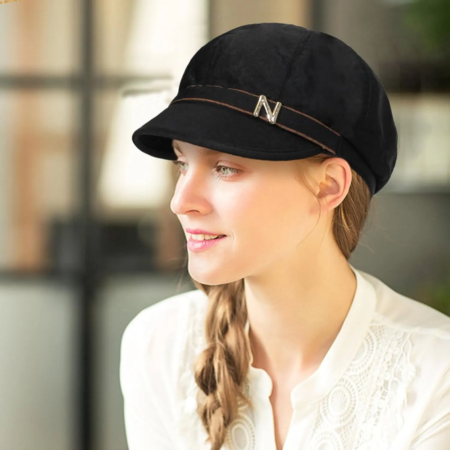 Women Retro Classic Visor Newsboy Cabbie Cap Beret Hats with Flower Buckle for Woman Ladies