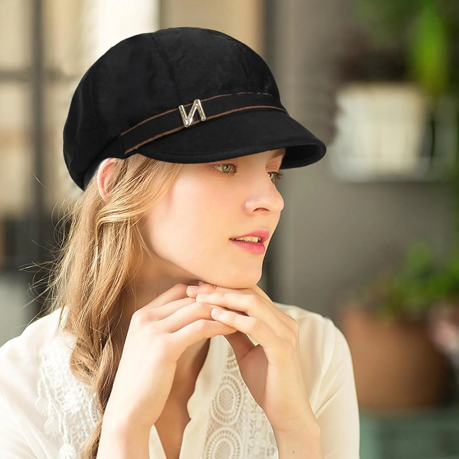 Women Retro Classic Visor Newsboy Cabbie Cap Beret Hats with Flower Buckle for Woman Ladies