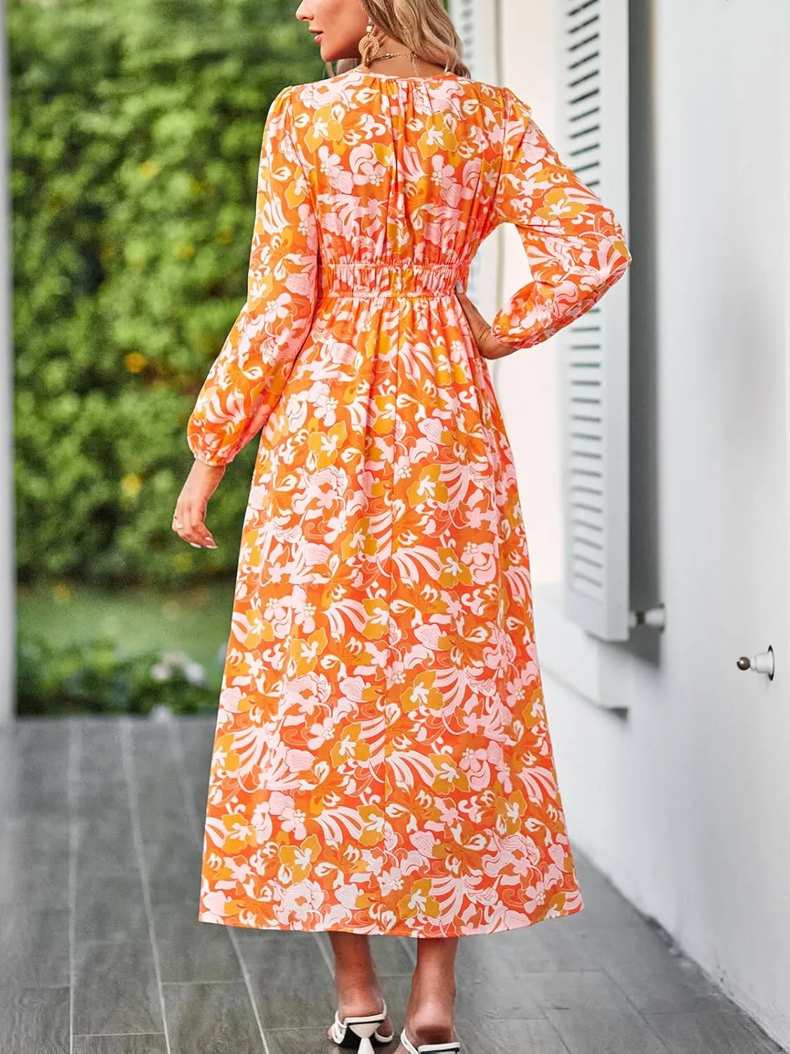 Women's Floral Print Boho Dress Long Sleeve V Neck A-Line Beach Smocked Flowy Maxi Dresses
