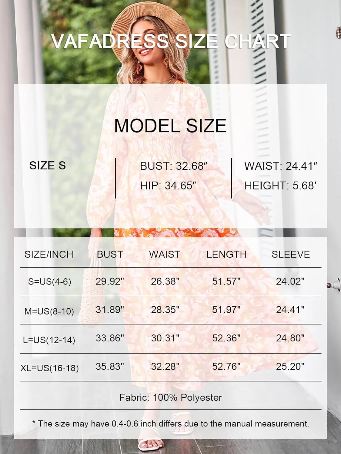 Women's Floral Print Boho Dress Long Sleeve V Neck A-Line Beach Smocked Flowy Maxi Dresses