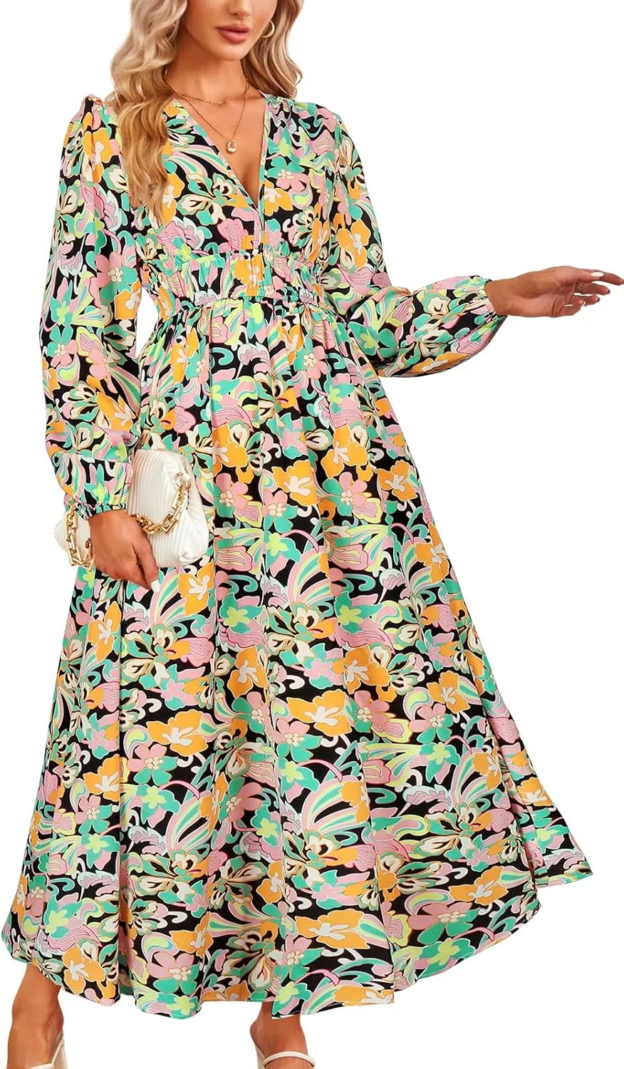 Women's Floral Print Boho Dress Long Sleeve V Neck A-Line Beach Smocked Flowy Maxi Dresses