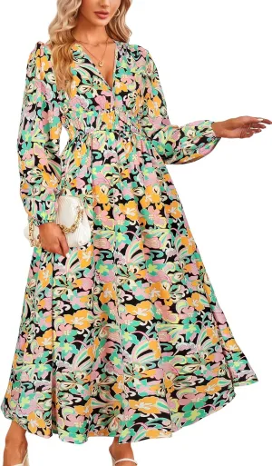 Women's Floral Print Boho Dress Long Sleeve V Neck A-Line Beach Smocked Flowy Maxi Dresses