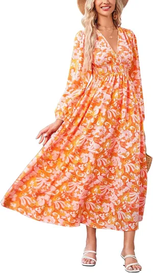 Women's Floral Print Boho Dress Long Sleeve V Neck A-Line Beach Smocked Flowy Maxi Dresses