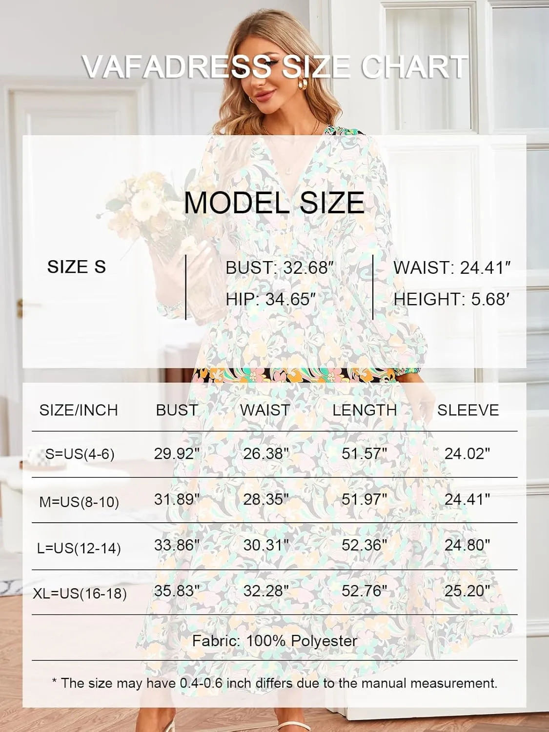 Women's Floral Print Boho Dress Long Sleeve V Neck A-Line Beach Smocked Flowy Maxi Dresses