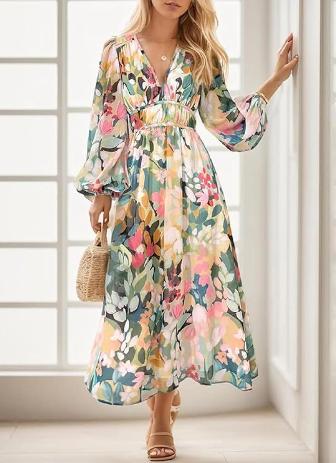 Women's Long Sleeve Boho Maxi Dress Floral Print Long Dress Watercolor Dress Puff Sleeve Smocked Beach Flowy Dresses