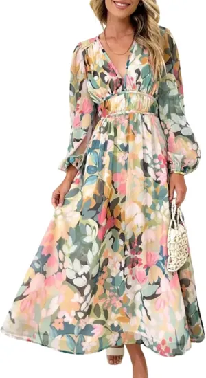 Women's Long Sleeve Boho Maxi Dress Floral Print Long Dress Watercolor Dress Puff Sleeve Smocked Beach Flowy Dresses