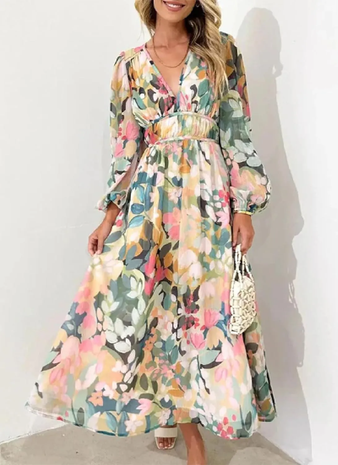 Women's Long Sleeve Boho Maxi Dress Floral Print Long Dress Watercolor Dress Puff Sleeve Smocked Beach Flowy Dresses