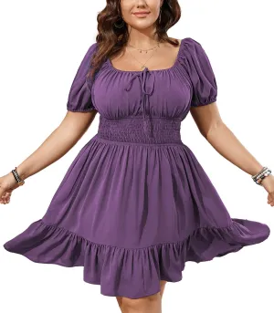 Womens Plus Size Short Lantern Sleeve Scoop Neck Mini Dress Elastic High Waist Summer Dresses Ruffle Wedding Guest Dress