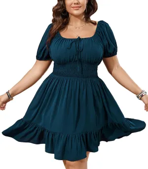 Womens Plus Size Short Lantern Sleeve Scoop Neck Mini Dress Elastic High Waist Summer Dresses Ruffle Wedding Guest Dress