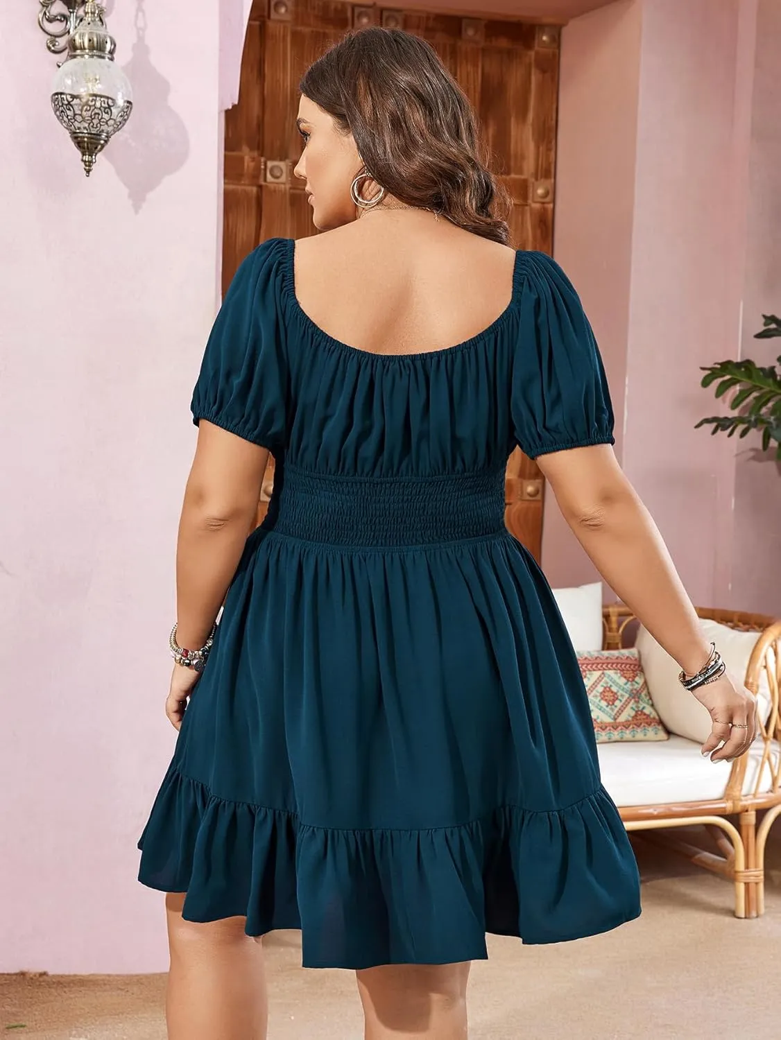Womens Plus Size Short Lantern Sleeve Scoop Neck Mini Dress Elastic High Waist Summer Dresses Ruffle Wedding Guest Dress