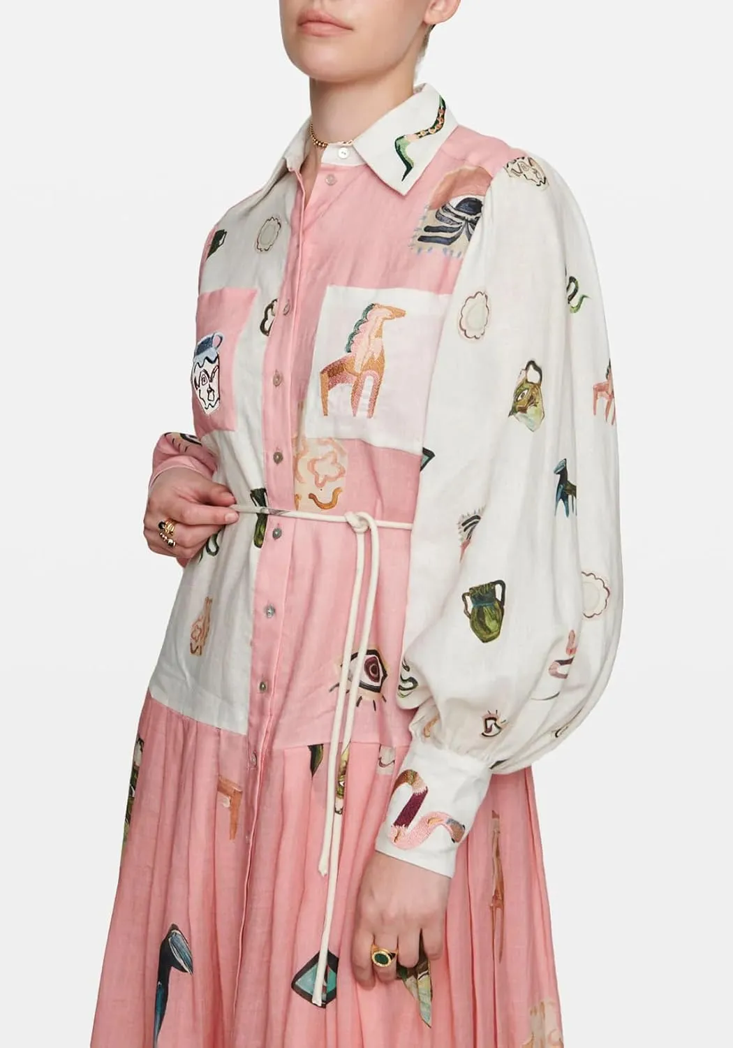 Women's Retro French Court Style Graffiti Printed Dress Vintage Lantern Sleeve Linen Maxi Dress with Belt
