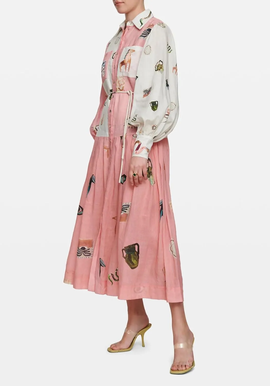 Women's Retro French Court Style Graffiti Printed Dress Vintage Lantern Sleeve Linen Maxi Dress with Belt