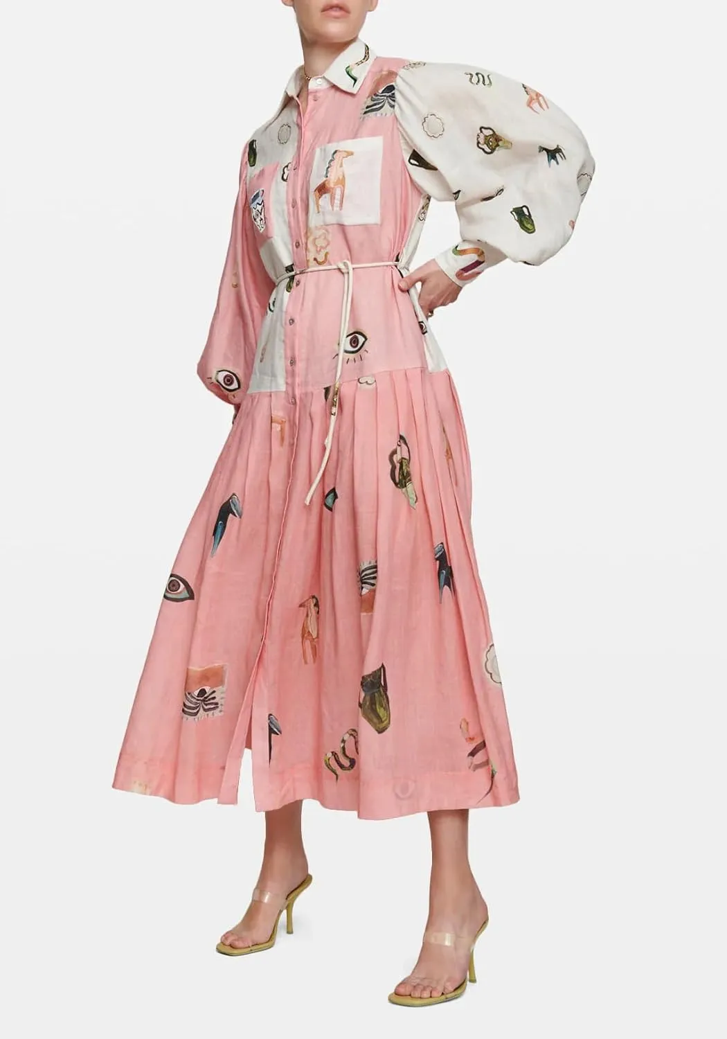 Women's Retro French Court Style Graffiti Printed Dress Vintage Lantern Sleeve Linen Maxi Dress with Belt