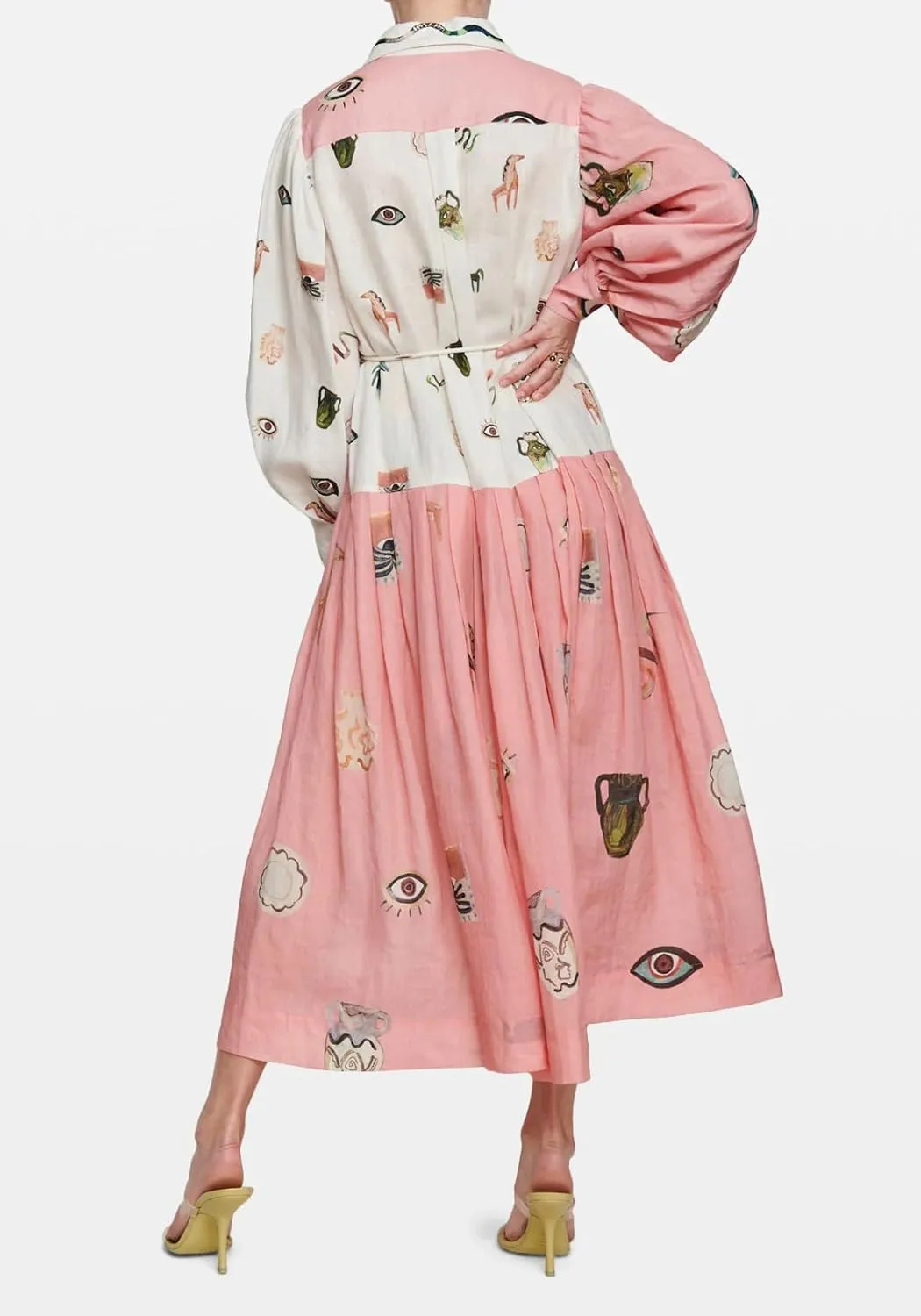 Women's Retro French Court Style Graffiti Printed Dress Vintage Lantern Sleeve Linen Maxi Dress with Belt